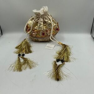 Free People Embellished Beaded Drawstring Pouch Bag Gold Glam Evening